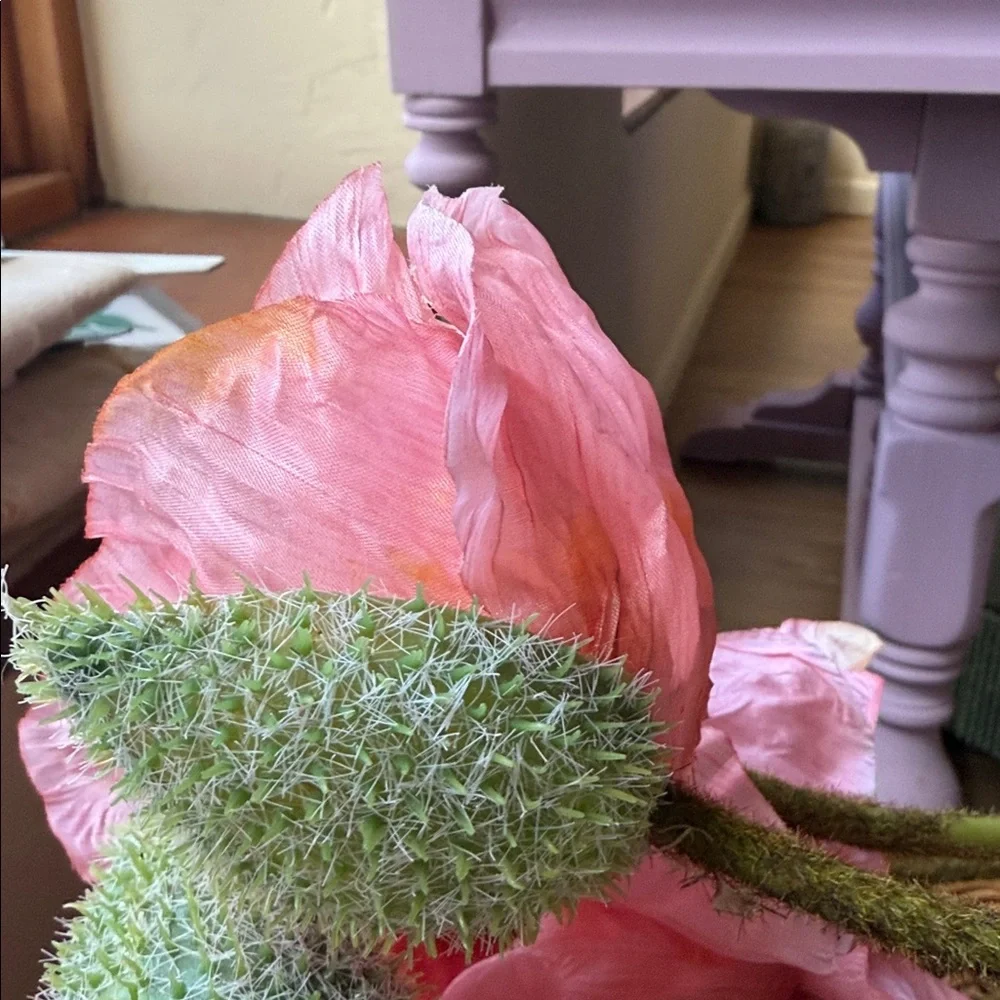 6 Stems 26” Poppy Spray Pink Faux Floral, Each Spray Has a Poppy Flower and Bud